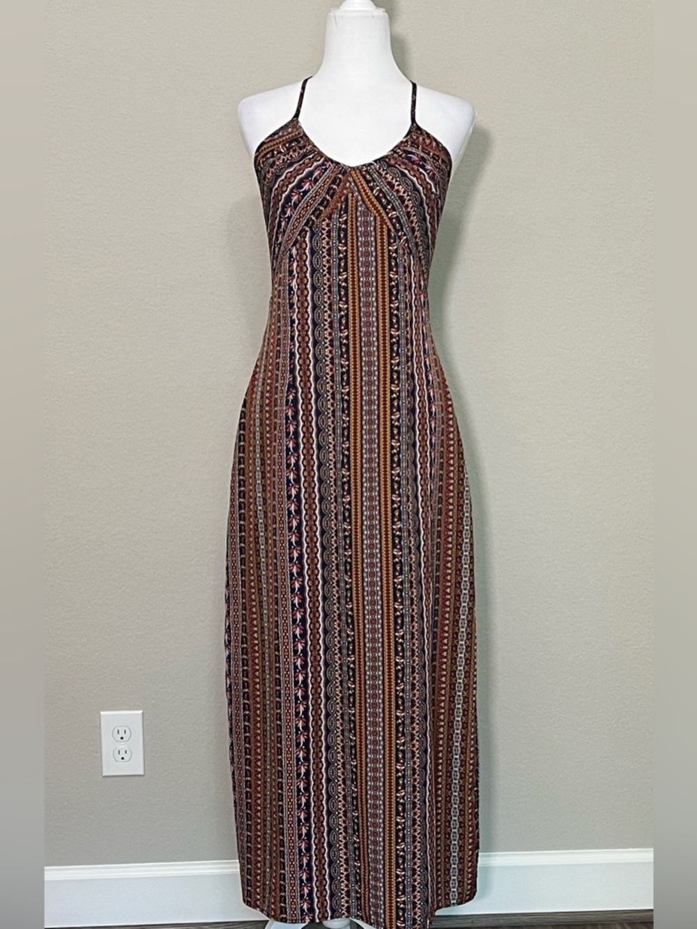 Boho Tribal Print Spaghetti Strap Earth Tone Maxi Dress Size M
